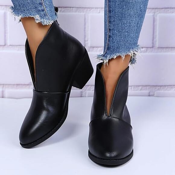 Women Chunky Heel Ankle BootsV Cut Fashion Slip on Black Size 8US / 39CN - Picture 1 of 11